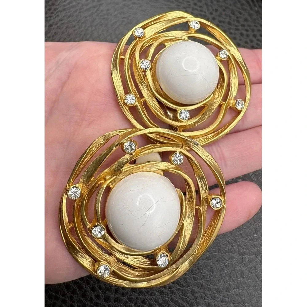 HUGE 80s Rhinestone Abstract Modernist Runway Chunky Statement Clip On Earrings
